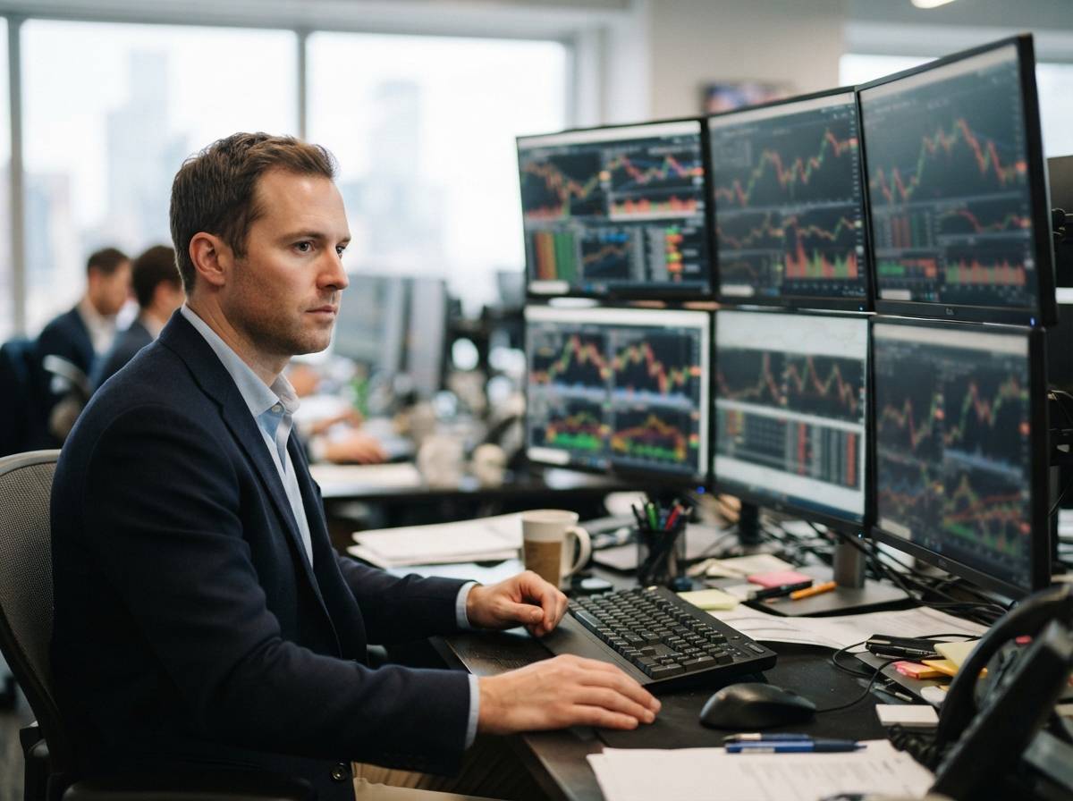 Close up of a computer screen showing stock ticker prices on a trader's desk.