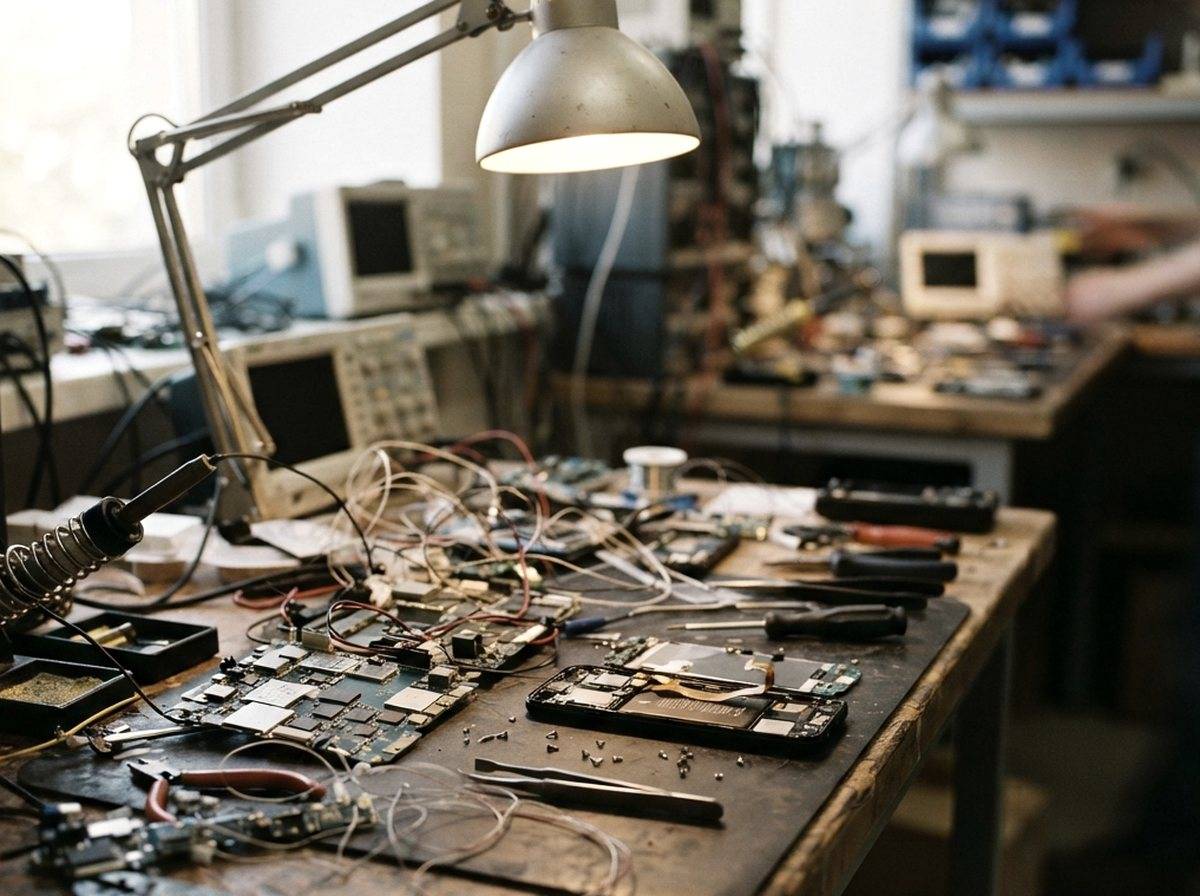 Disassembled smartphone components and prototype circuit boards on an engineer's workbench.