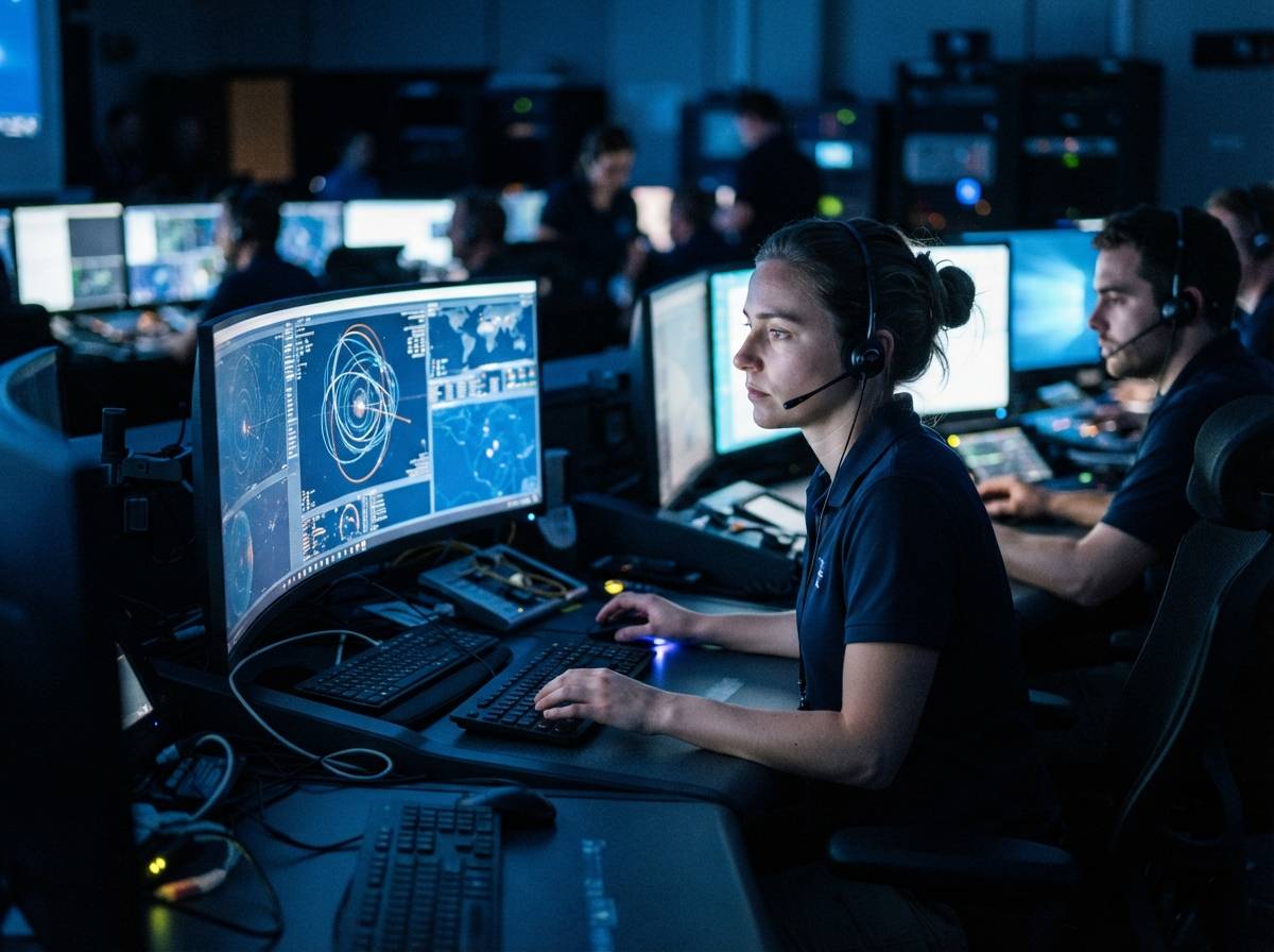 Engineers monitor satellite communication network displays inside a control room at dawn.