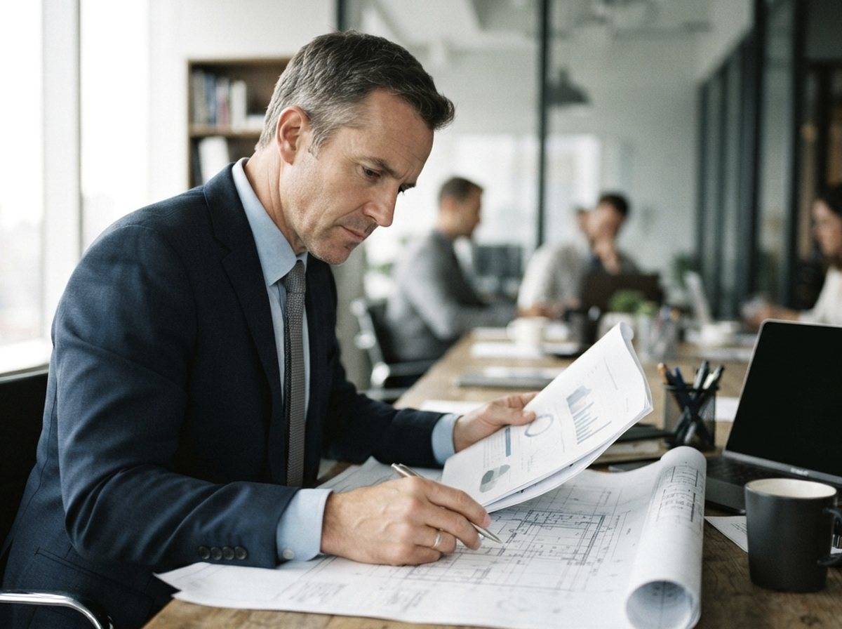 Executives review documents around a table during a corporate shareholder meeting.