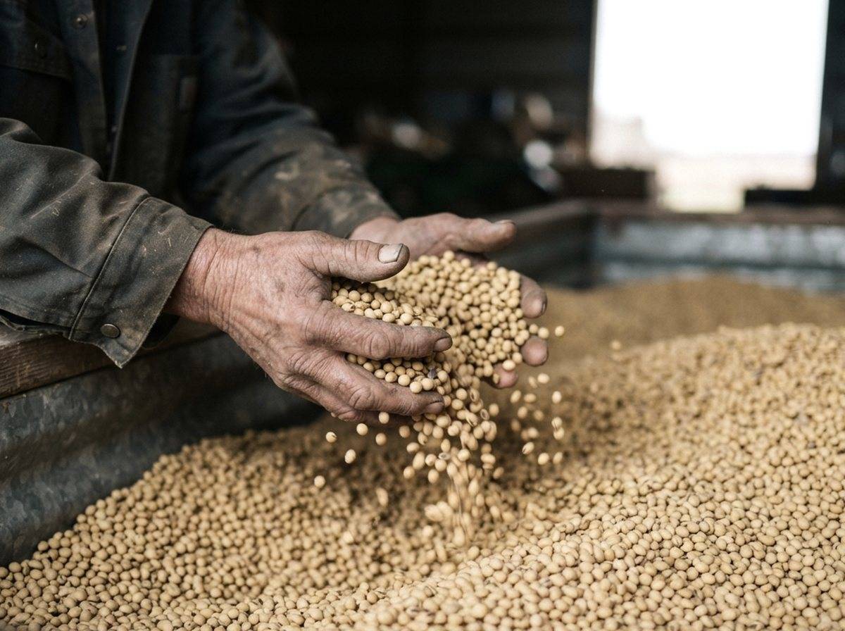 Farmer's hands sifting dried soybeans inside a grain storage bin.