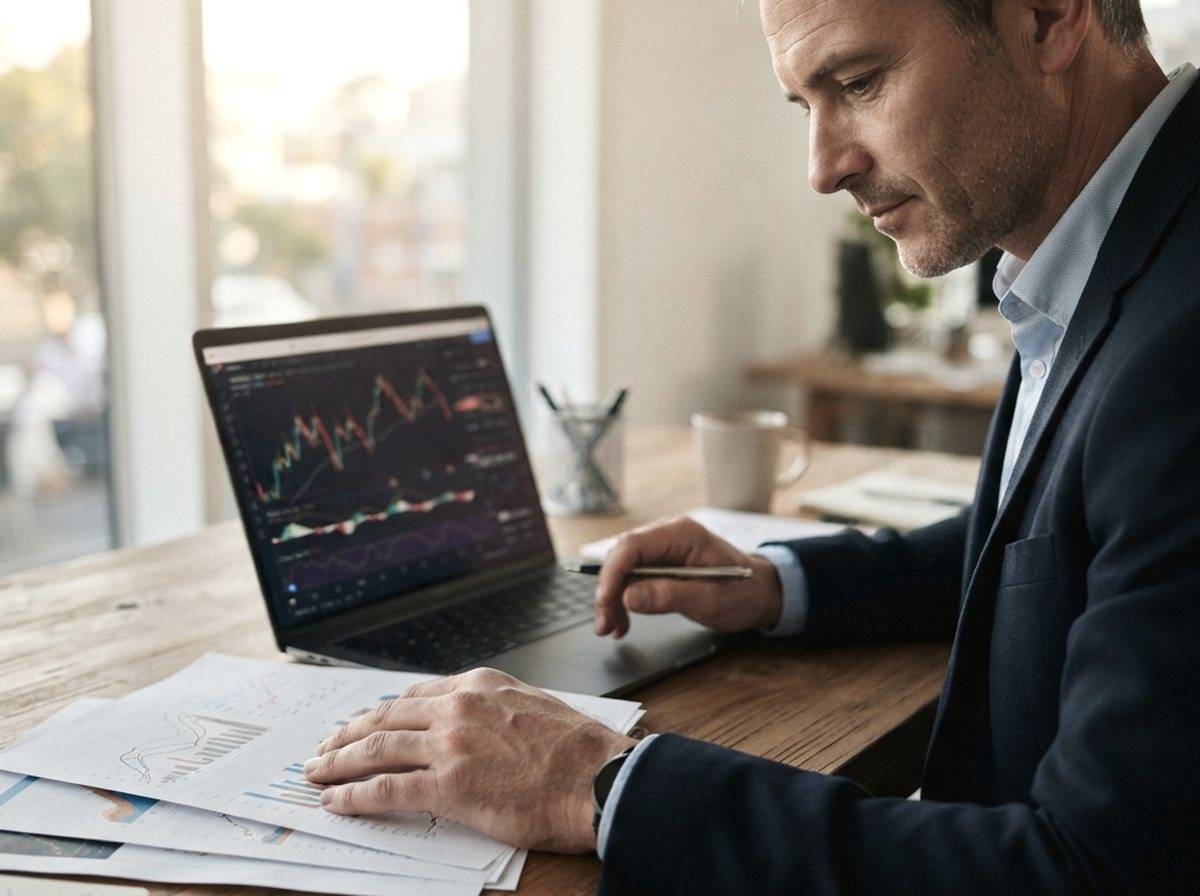 Financial reports and a laptop displaying stock charts on a boardroom table at dusk.