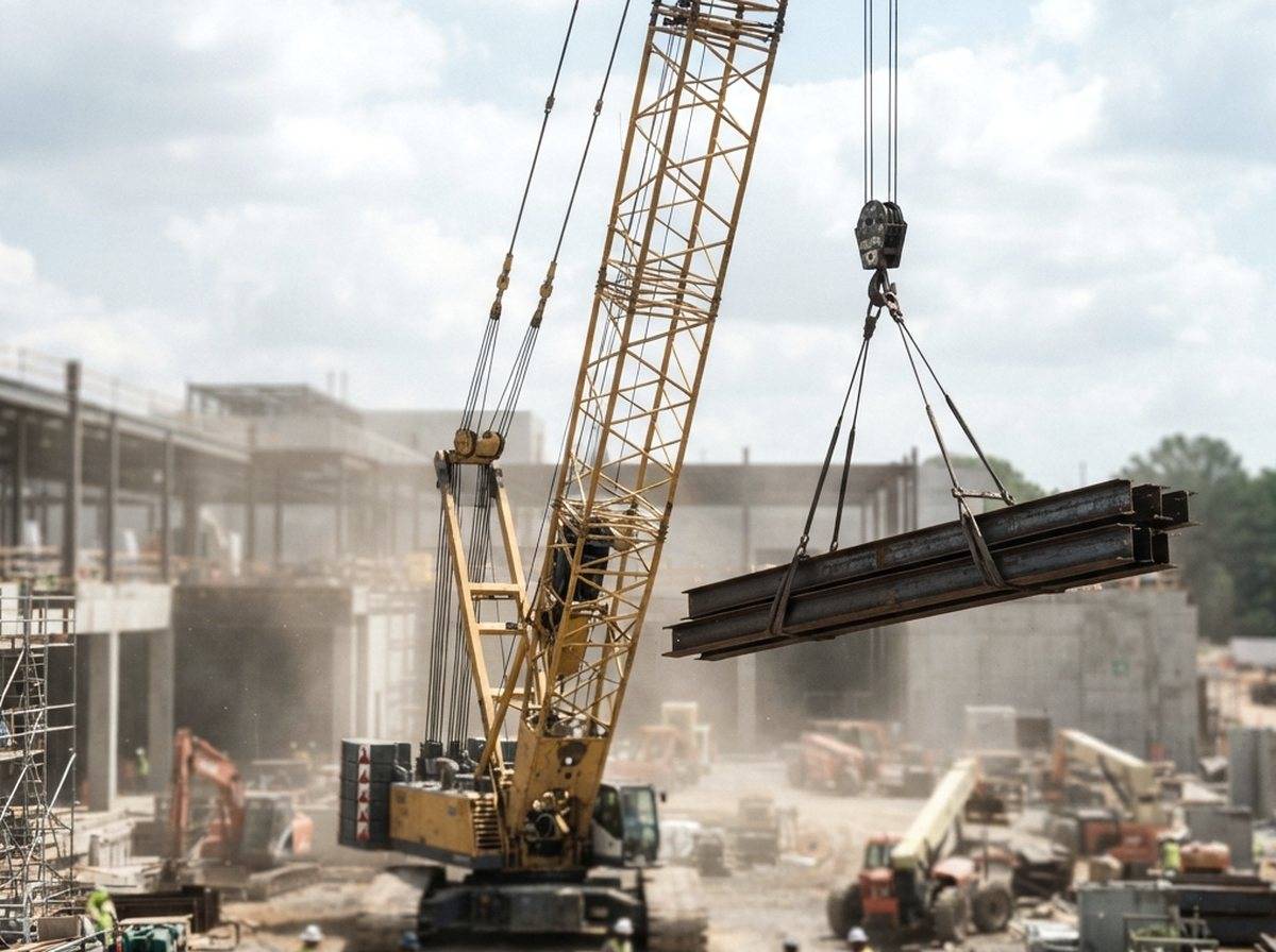 Heavy construction equipment and electrical transformers staged near a data center foundation.
