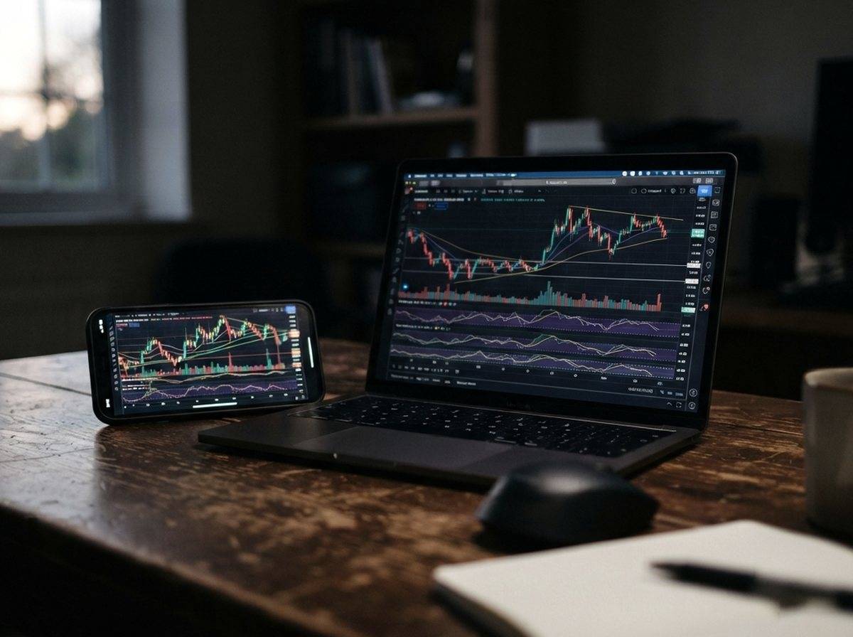 Printed pages of a financial disclosure document sit beside a phone showing a cryptocurrency trading app on a desk.