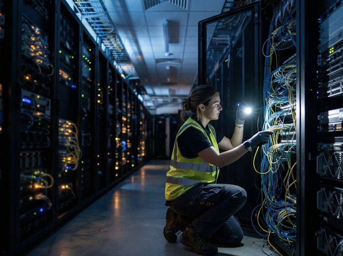 Rows of illuminated server racks inside a large data center hallway.