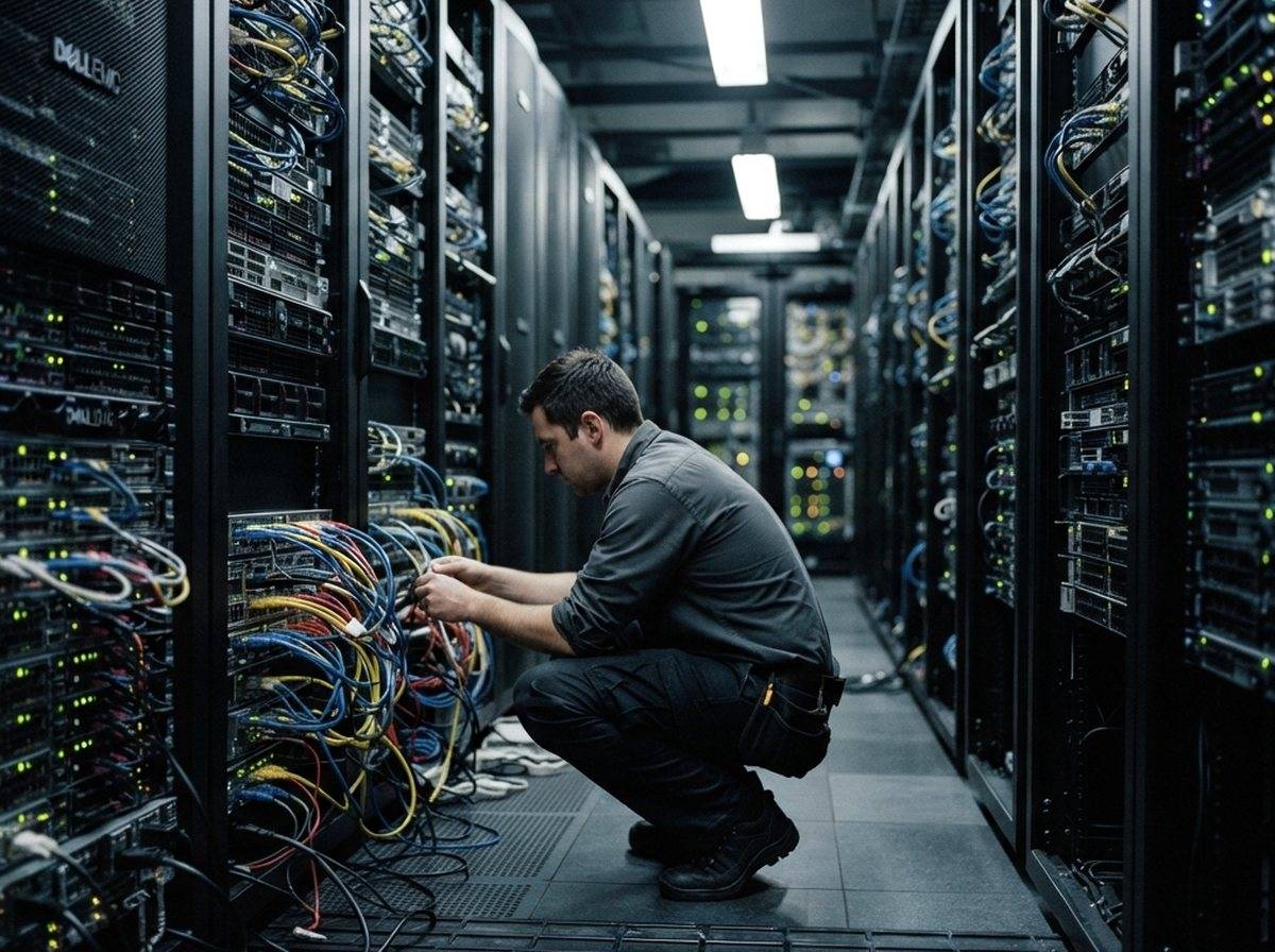 Technician adjusting cables on a rack of GPU servers inside a data center.