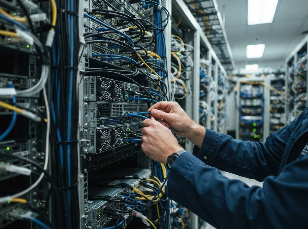 Technician connecting cables into a server rack filled with GPU computing hardware.