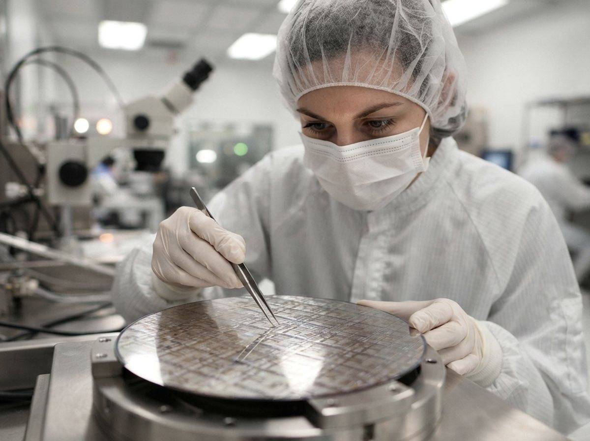 Technician in cleanroom suit inspecting a memory chip wafer