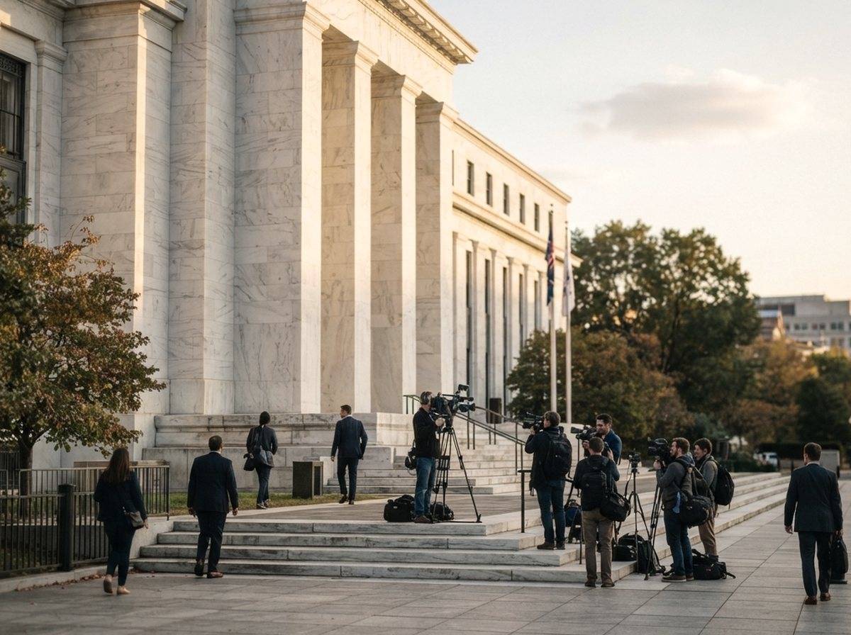 The exterior of the Federal Reserve building in Washington DC under an overcast sky.