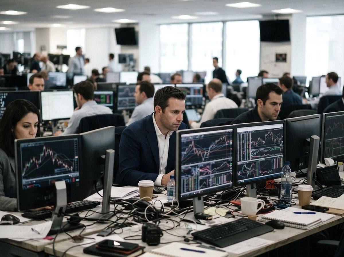 Traders in business attire studying multiple computer screens on a bank trading floor.p