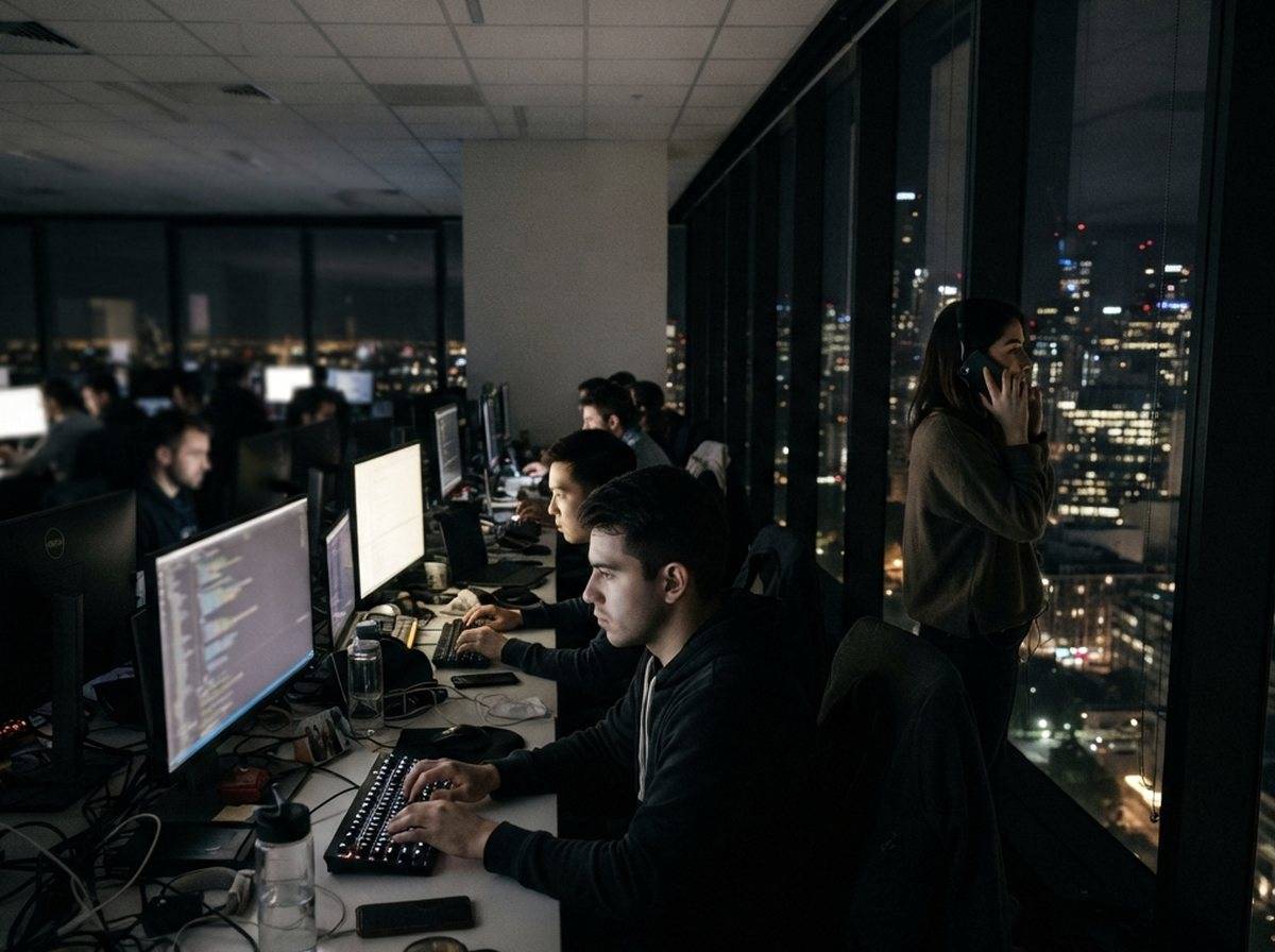 Traders on a exchange floor pause to watch a financial news broadcast on a television screen.