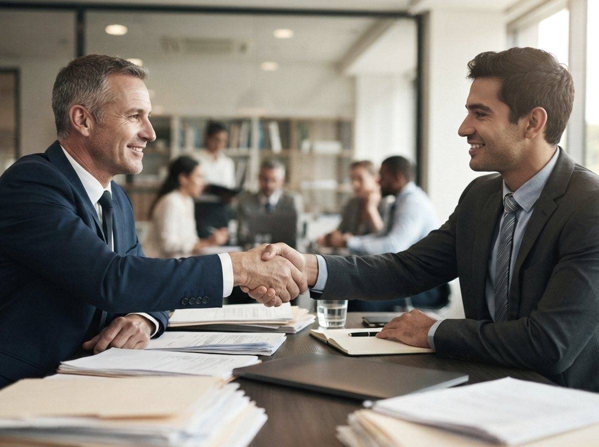Two bankers shake hands across a table covered with documents and laptops during a financing negotiation.