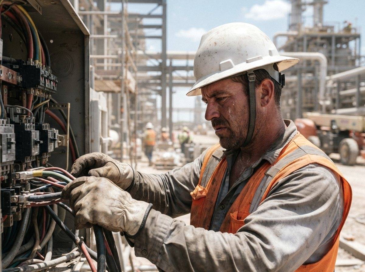 Two oilfield workers inspect pipe equipment on a drilling platform.