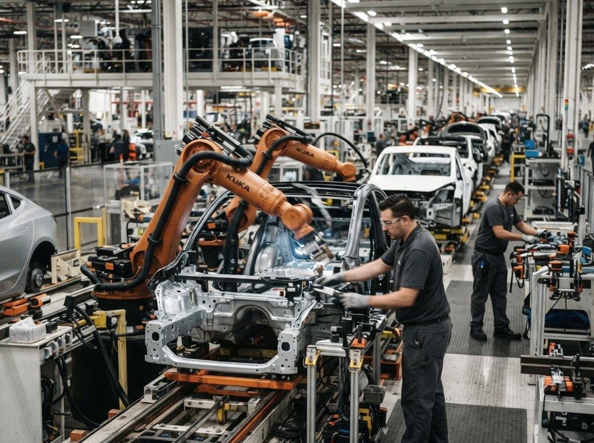 Workers and delivery trucks outside a Tesla manufacturing plant during the day.