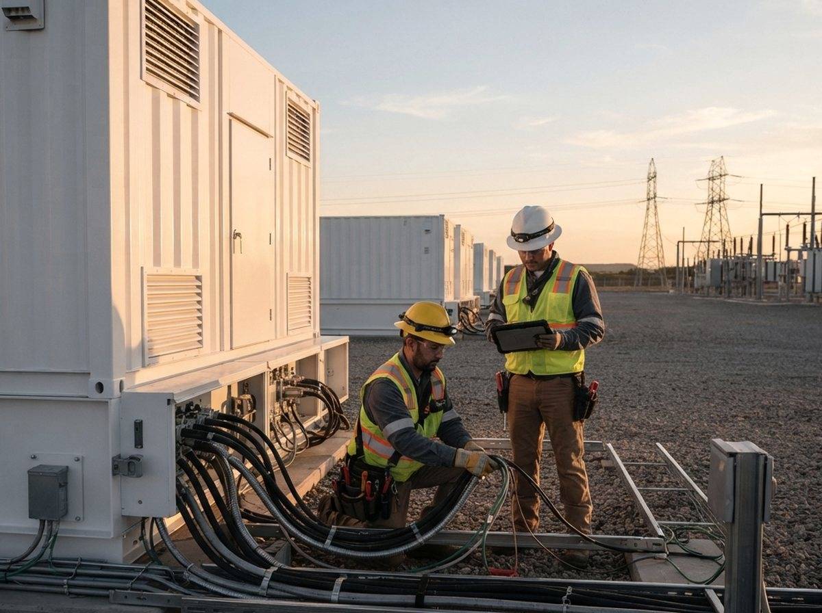 Workers in hard hats inspecting Tesla Megapack battery units at an outdoor installation site.