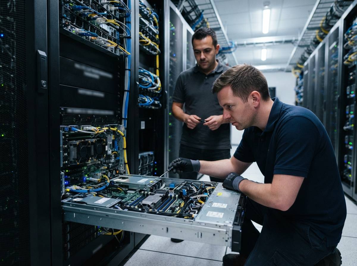 Workers load crated server equipment onto a truck at a customs warehouse loading dock.